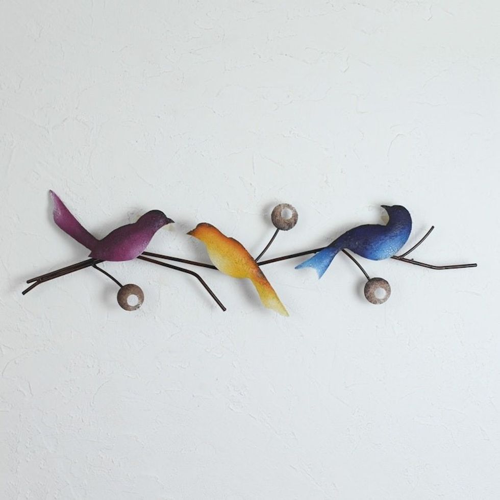 Steel Wall Sculpture of Three Colorful Birds from Mexico 'Singing Trio'