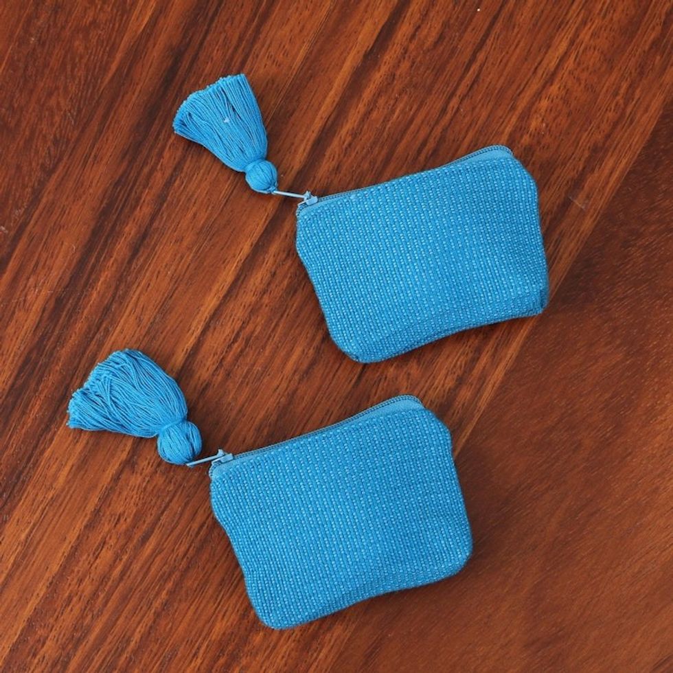 Blue Cotton Coin Purses in Blue from Mexico Pair 'Blue Cuties'