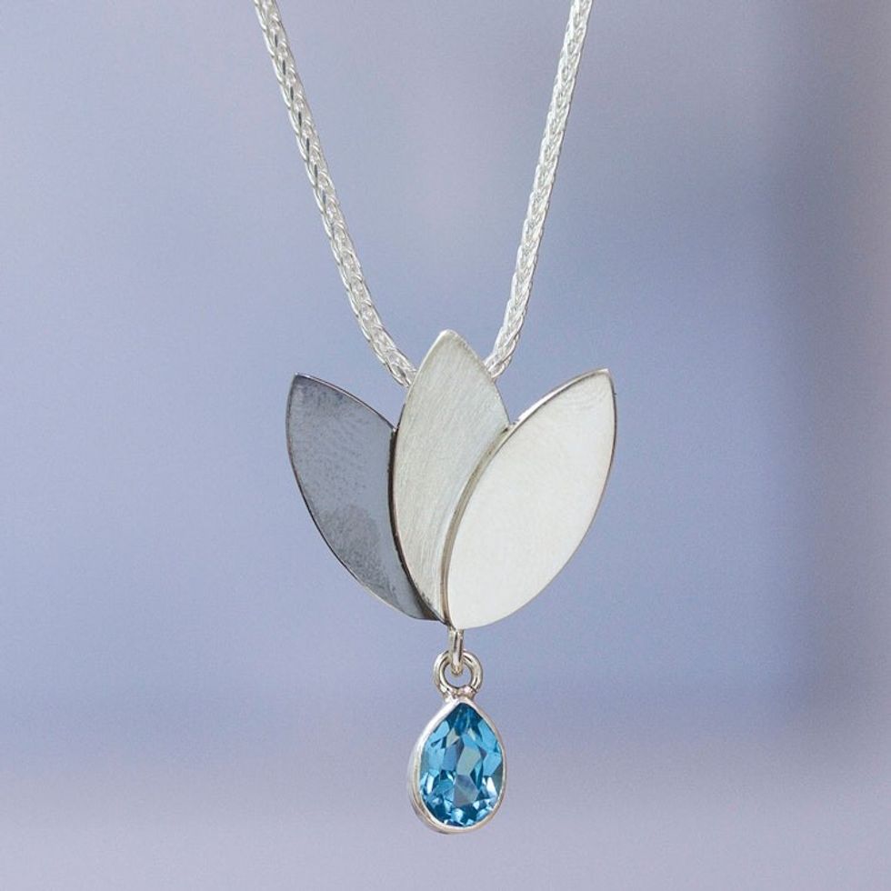 Artisan Crafted Floral Fine Silver Blue Topaz Necklace 'Mixtec Tulip'