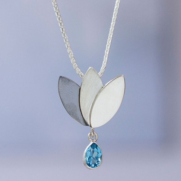 Alternate image for Artisan Crafted Floral Fine Silver Blue Topaz Necklace Mixtec Tulip
