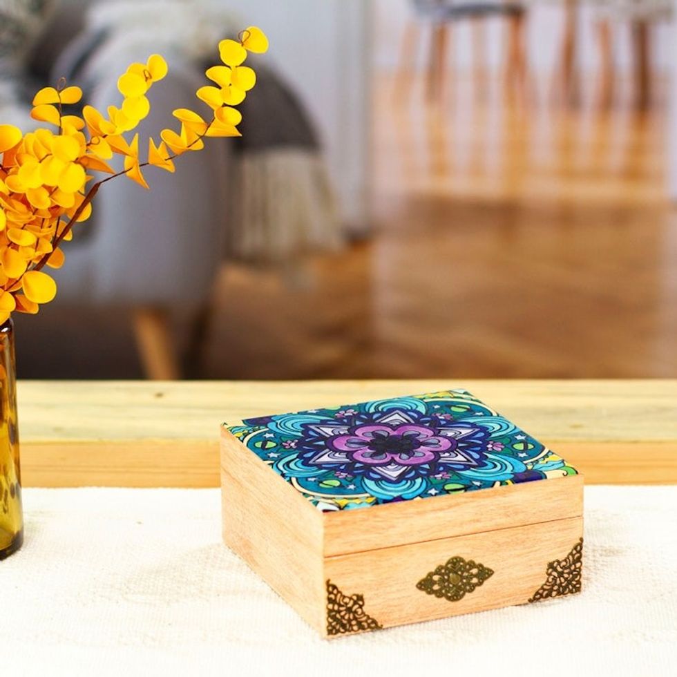 Mandala Motif Decoupage Wood Decorative Box from Mexico 'Cosmic Mandala'