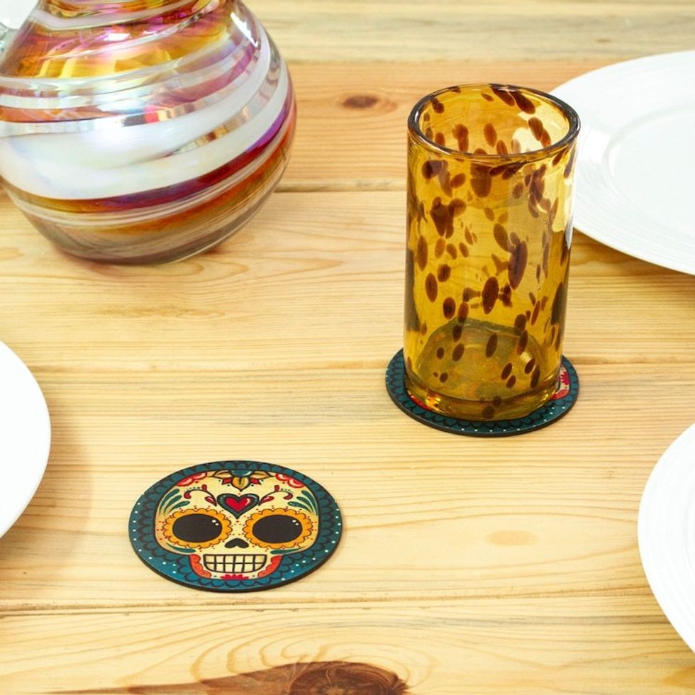 4 Day of the Dead Smiling Skulls Decoupage Wood Coaster Set 'Loving Skull'