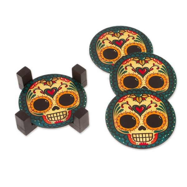 Alternate image for 4 Day of the Dead Smiling Skulls Decoupage Wood Coaster Set Loving Skull