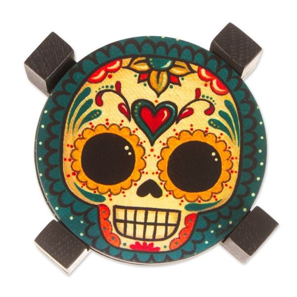 Alternate image for 4 Day of the Dead Smiling Skulls Decoupage Wood Coaster Set Loving Skull