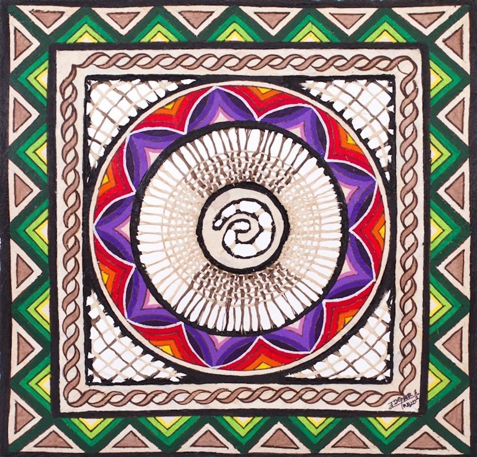 Multicolor Hand Painted Spiral Wall Art Paper from Mexico 'Flower Spiral'