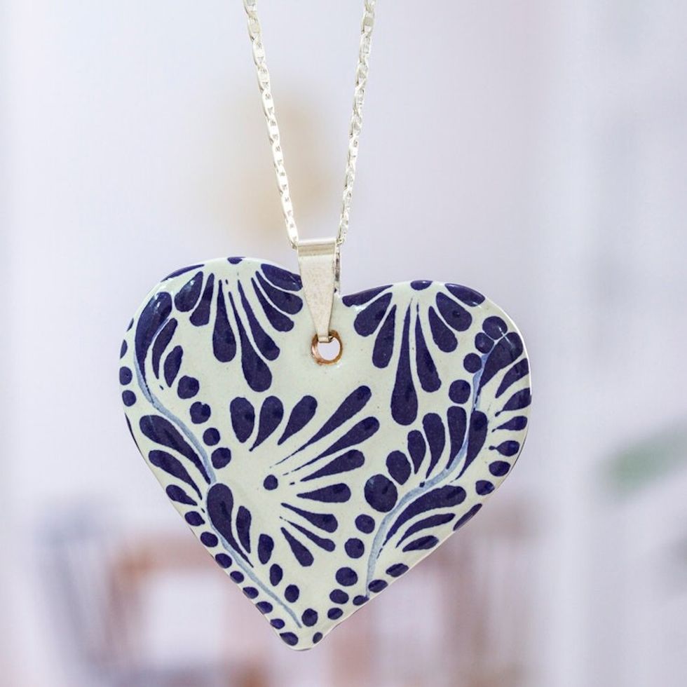 Ceramic Puebla-Style Blue Floral Heart Pendant Necklace 'True Blue'