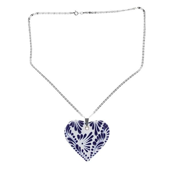 Alternate image for Ceramic Puebla-Style Blue Floral Heart Pendant Necklace True Blue