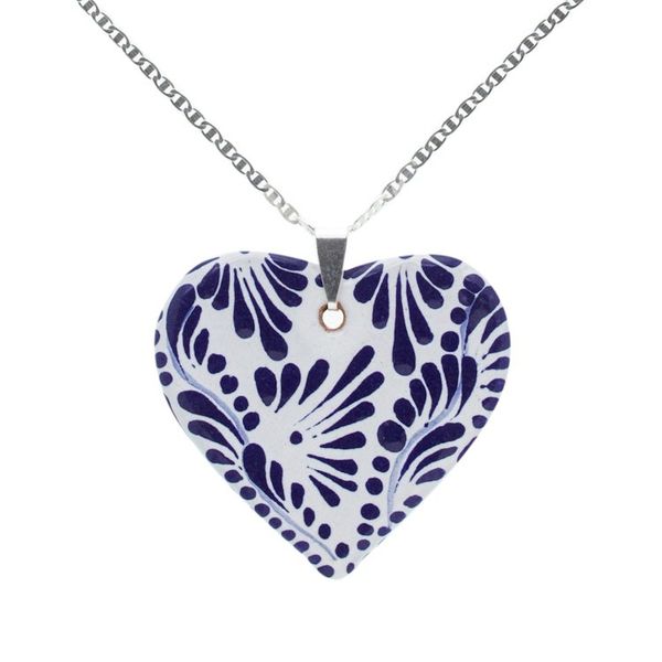Alternate image for Ceramic Puebla-Style Blue Floral Heart Pendant Necklace True Blue