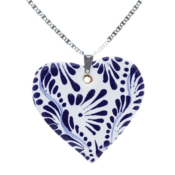 Alternate image for Ceramic Puebla-Style Blue Floral Heart Pendant Necklace True Blue