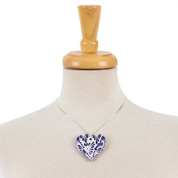 Alternate image for Ceramic Puebla-Style Blue Floral Heart Pendant Necklace True Blue