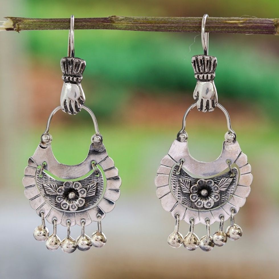 Flower-Themed Silver Chandelier Earrings from Mexico 'Floral Adoration'