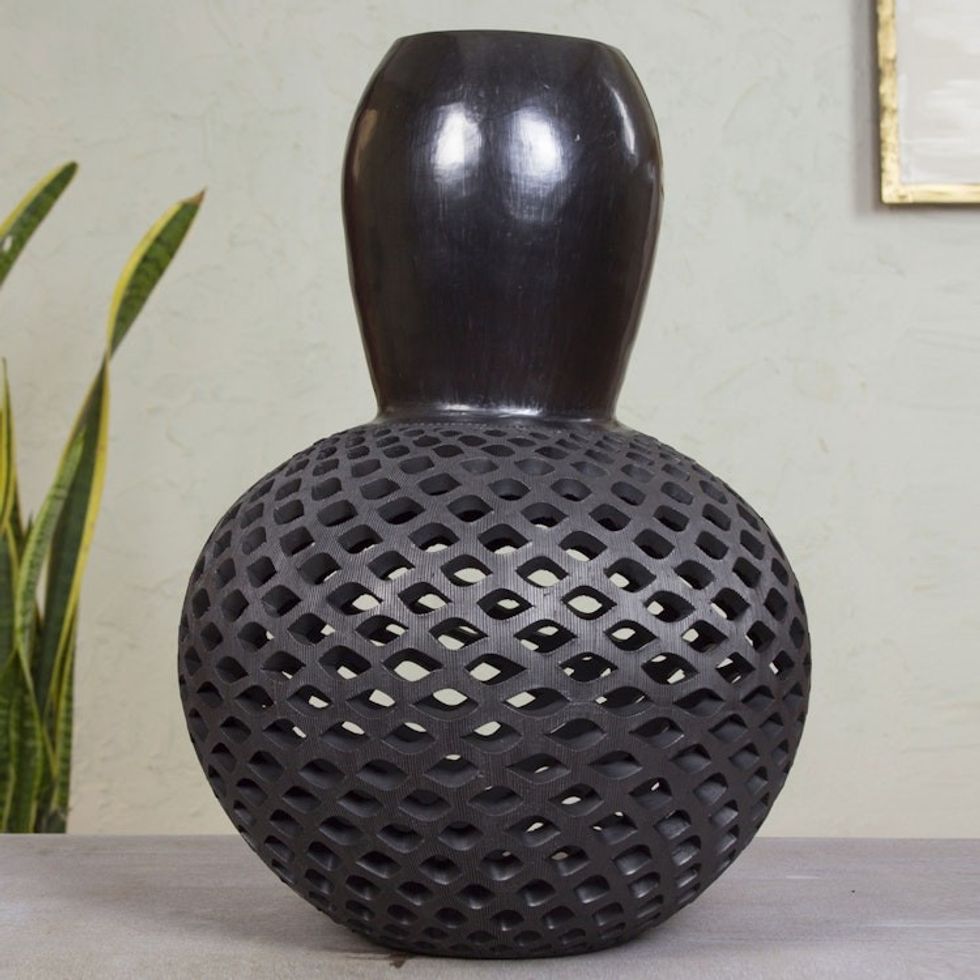 Gourd Theme Incised Black Pottery Vase from Oaxaca 'Black Gourd Honeycomb'
