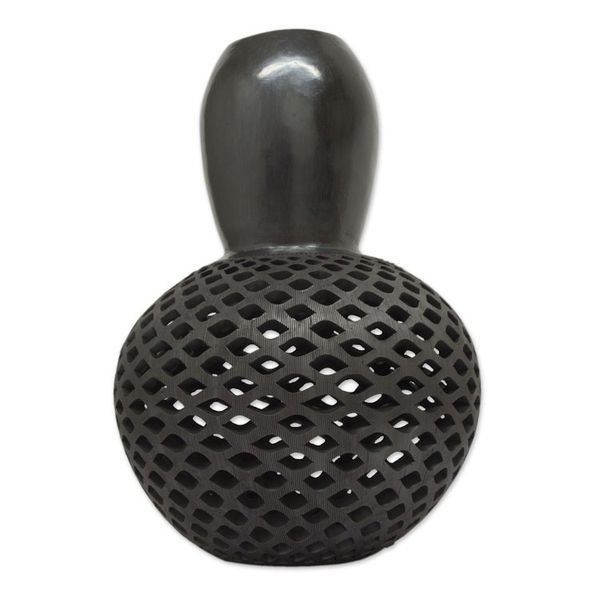 Alternate image for Gourd Theme Incised Black Pottery Vase from Oaxaca Black Gourd Honeycomb