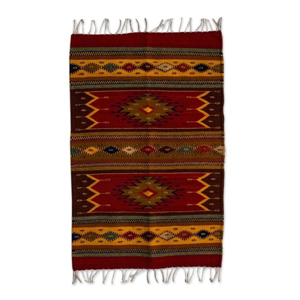 Authentic Handwoven Zapotec Wool Rug 2 x 3 Feet 'Sun Duality'