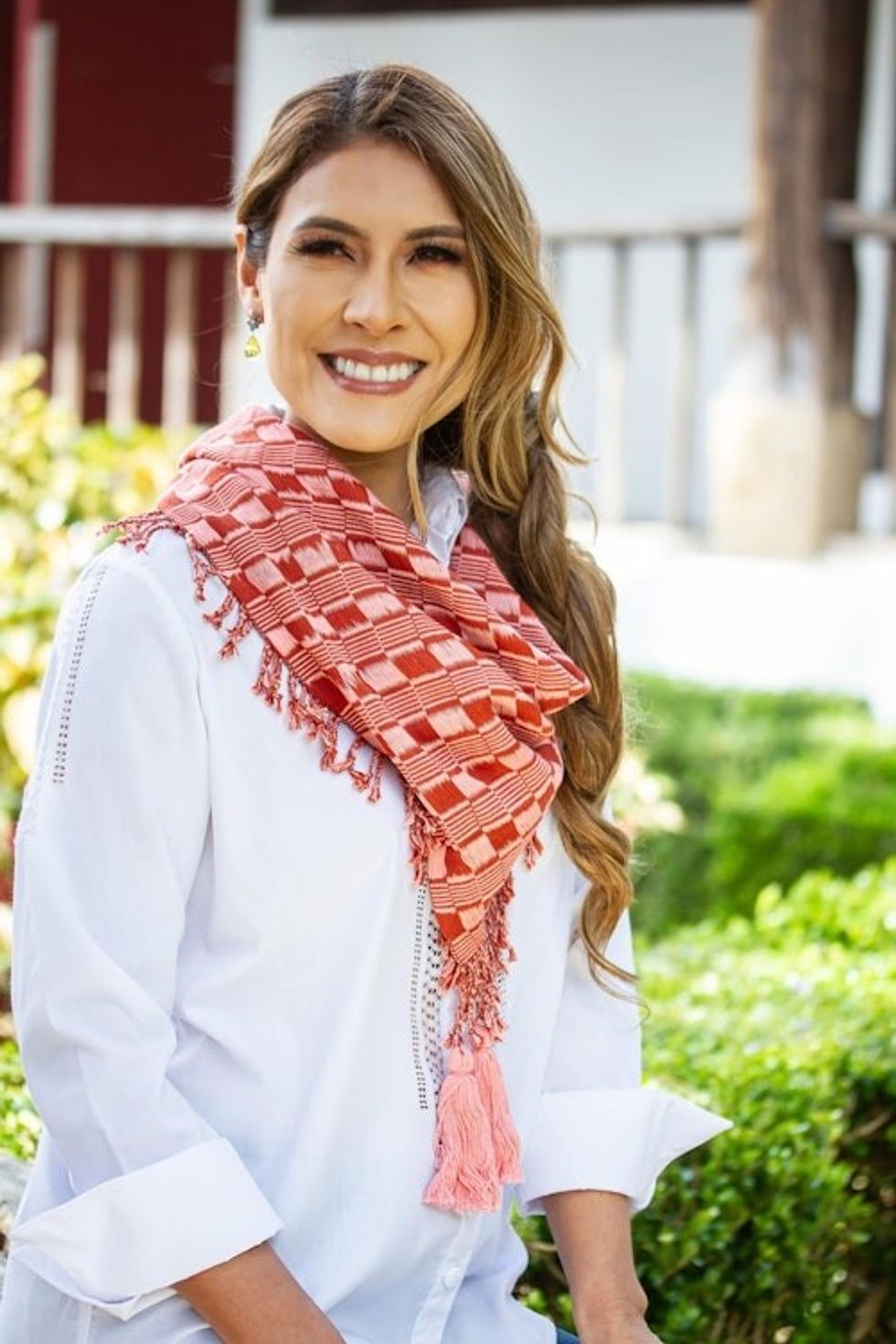 Brick Red and Pink Handwoven Fringed Scarf with Tassels 'Subtle Movement in Red'