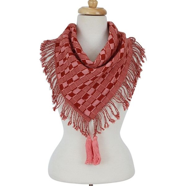 Alternate image for Brick Red and Pink Handwoven Fringed Scarf with Tassels Subtle Movement in Red