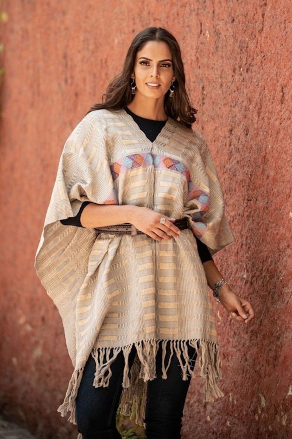 Handwoven Cotton Poncho with Line Patterns in Sand 'Lines in the Sand'
