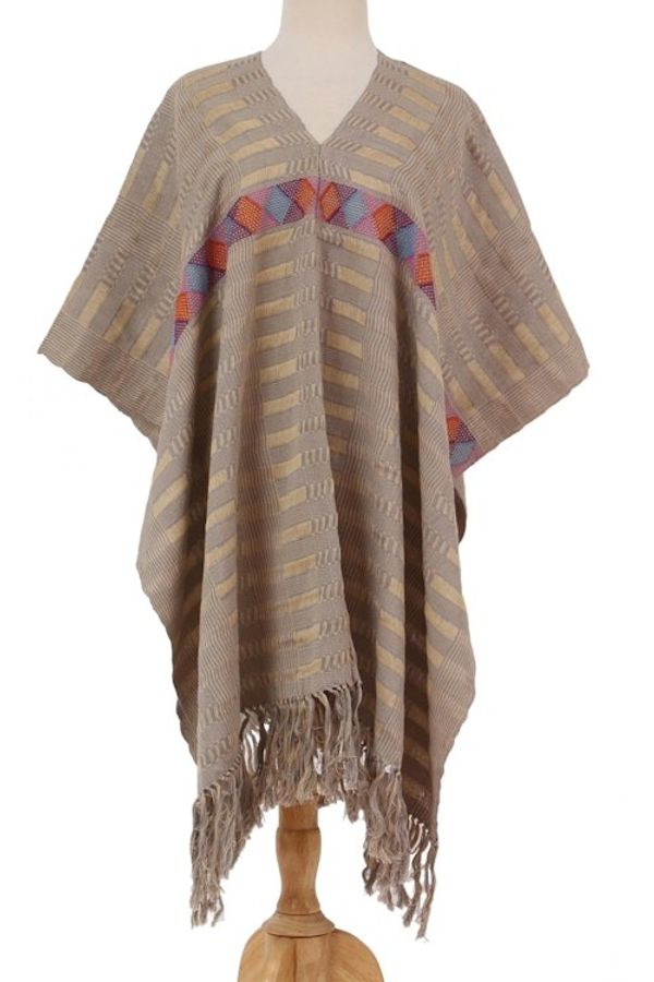 Alternate image for Handwoven Cotton Poncho with Line Patterns in Sand Lines in the Sand