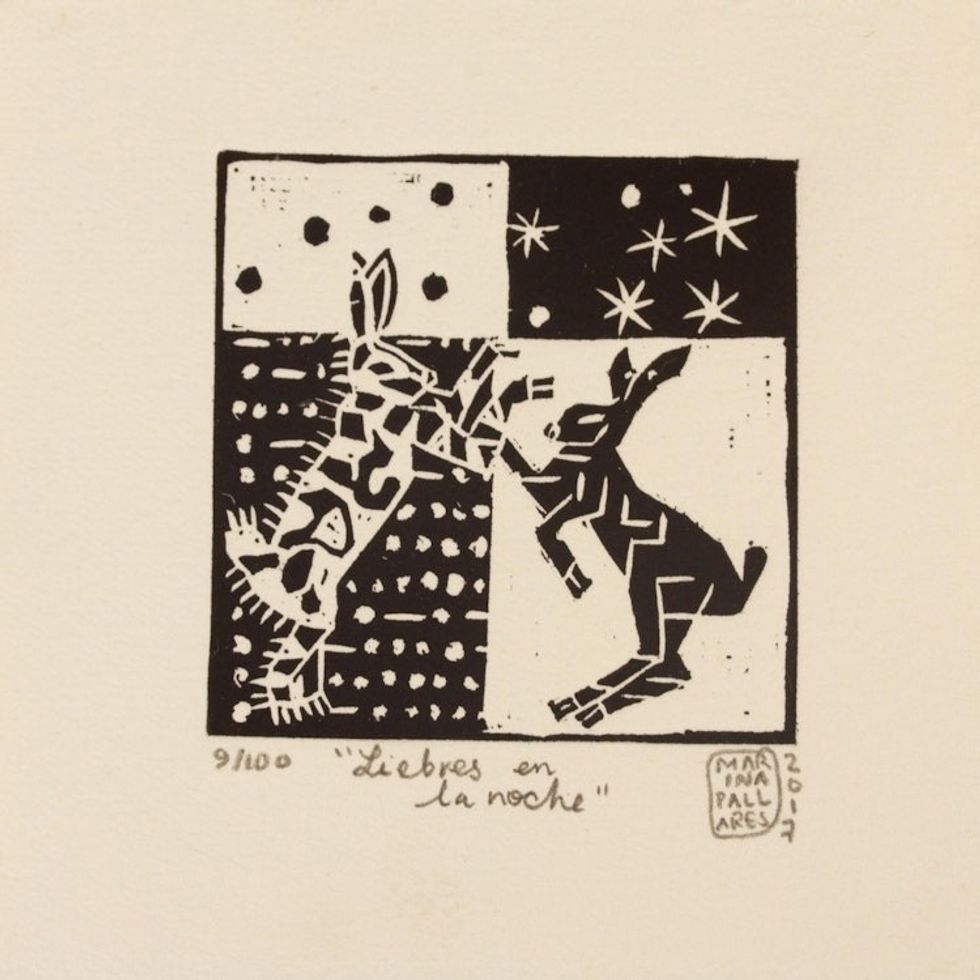 Mexico 4-Inch Signed Linoleum Block Print of Hares 'Hares in the Night'