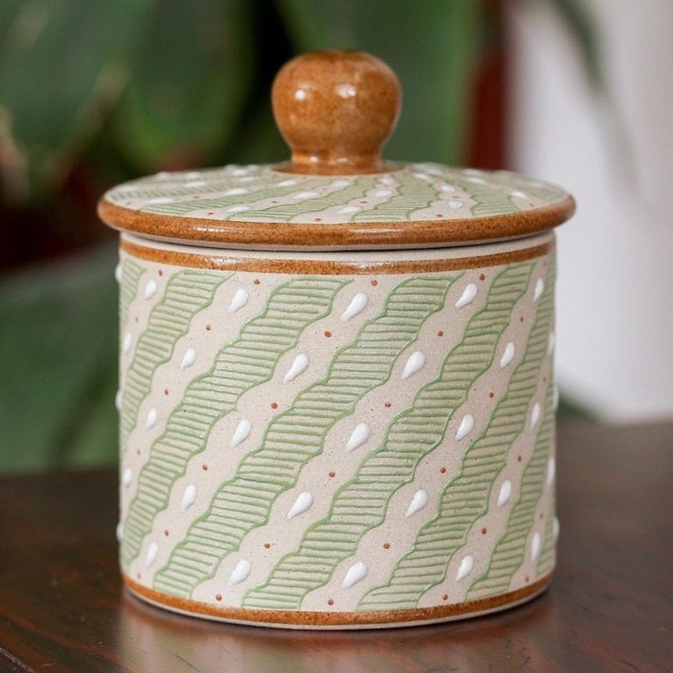 Green Striped Ceramic Cylindrical Decorative Jar 'Cloud Crossing in Green'