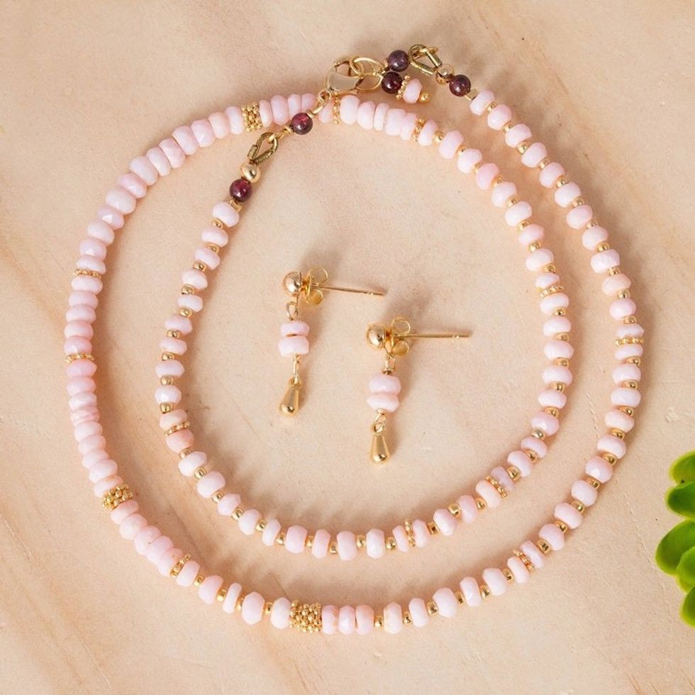Gold Plated Opal and Garnet Jewelry Set from Mexico 'Pink Bliss'
