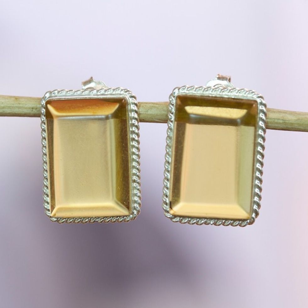 Rectangular Amber Framed in Sterling Silver Drop Earrings 'Misty View'