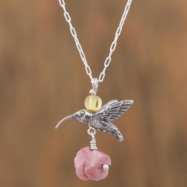 Alternate image for Rhodochrosite and Amber Sterling Silver Bird Necklace Hummingbird Treasure