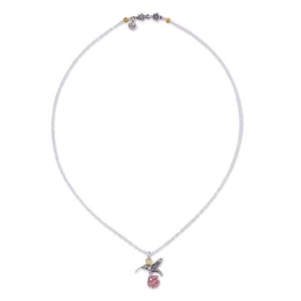 Alternate image for Rhodochrosite and Amber Sterling Silver Bird Necklace Hummingbird Treasure