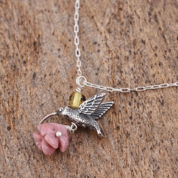 Alternate image for Rhodochrosite and Amber Sterling Silver Bird Necklace Hummingbird Treasure