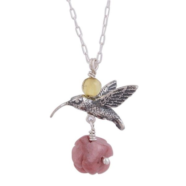 Alternate image for Rhodochrosite and Amber Sterling Silver Bird Necklace Hummingbird Treasure