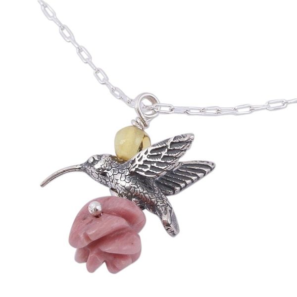 Alternate image for Rhodochrosite and Amber Sterling Silver Bird Necklace Hummingbird Treasure