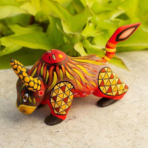 Alternate image for Orange Alebrije Bull with Multicolor Hand Painted Motifs Sun Force