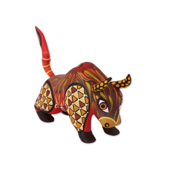 Alternate image for Orange Alebrije Bull with Multicolor Hand Painted Motifs Sun Force