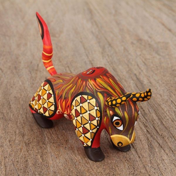 Alternate image for Orange Alebrije Bull with Multicolor Hand Painted Motifs Sun Force