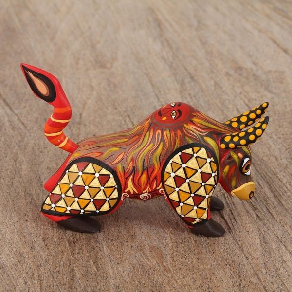 Alternate image for Orange Alebrije Bull with Multicolor Hand Painted Motifs Sun Force
