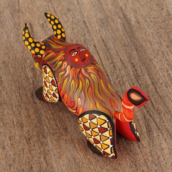 Alternate image for Orange Alebrije Bull with Multicolor Hand Painted Motifs Sun Force