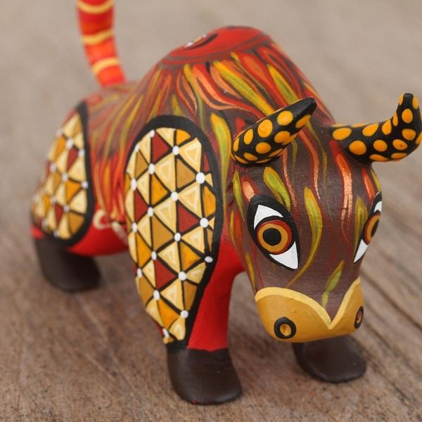 Alternate image for Orange Alebrije Bull with Multicolor Hand Painted Motifs Sun Force