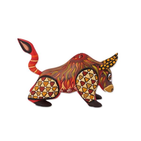 Alternate image for Orange Alebrije Bull with Multicolor Hand Painted Motifs Sun Force