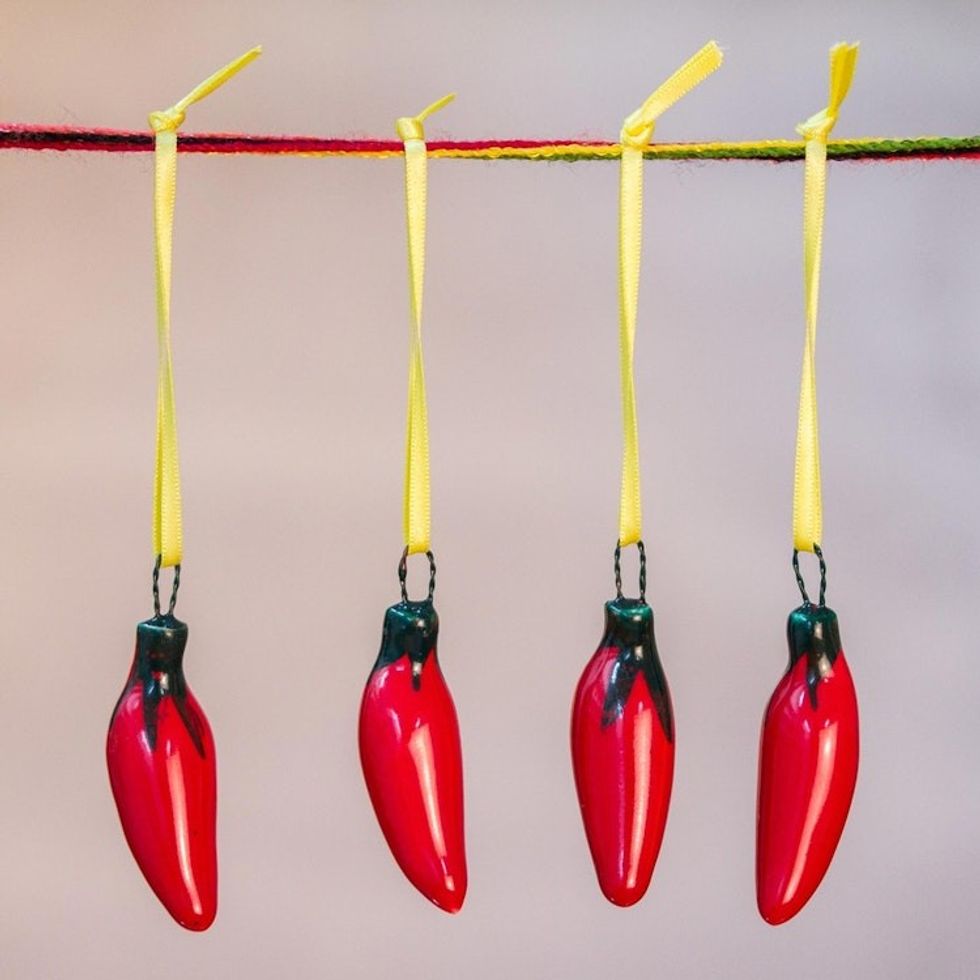Red Ceramic Serrano Pepper Ornaments Set of 4 'Serrano Peppers in Red'