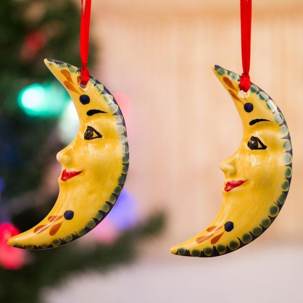 Alternate image for Hand-Painted Yellow Ceramic Moon Ornament Pair Bright Moons
