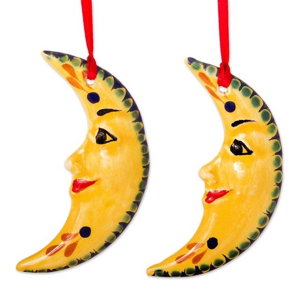 Alternate image for Hand-Painted Yellow Ceramic Moon Ornament Pair Bright Moons