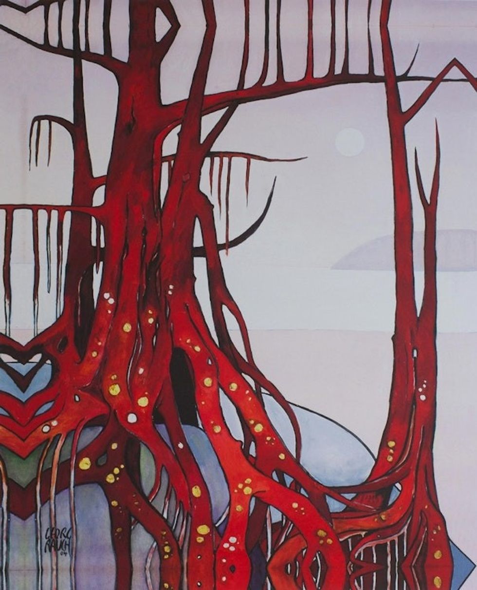 Color Gicle Print on Canvas of a Red Tree from Mexico 'Red Tree with Golden Roots'