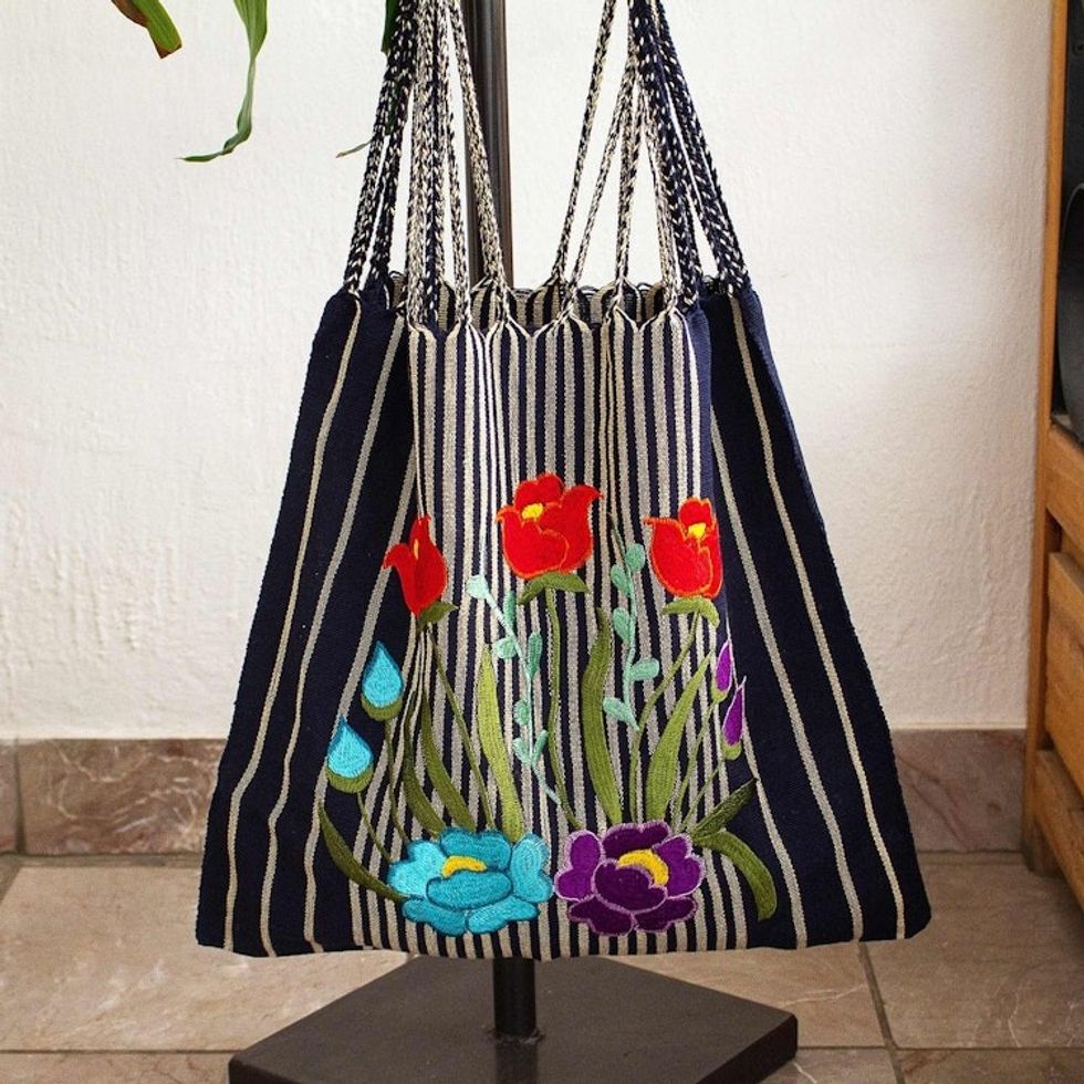 Floral Embroidered Striped 100 Cotton Tote Bag in Navy Hues 'Navy Bouquet'