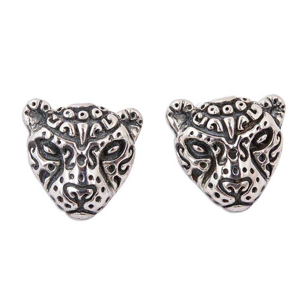 Stylized Sterling Silver Jaguar Button Earrings from Mexico 'Stylized Jaguar'