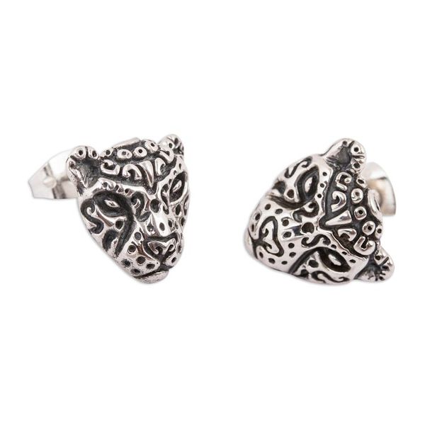 Alternate image for Stylized Sterling Silver Jaguar Button Earrings from Mexico Stylized Jaguar