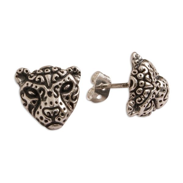 Alternate image for Stylized Sterling Silver Jaguar Button Earrings from Mexico Stylized Jaguar