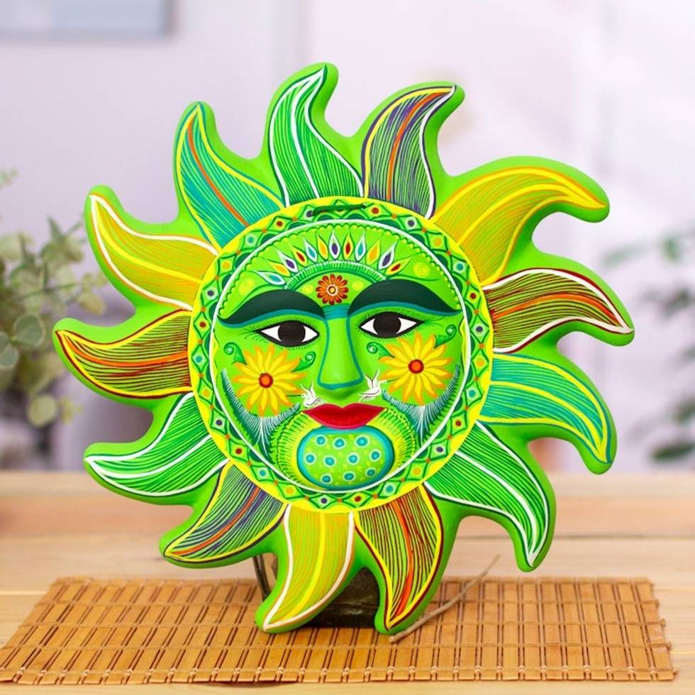 Bright Green Signed Ceramic Sun Wall Sculpture from Mexico 'Fresh April Sun'