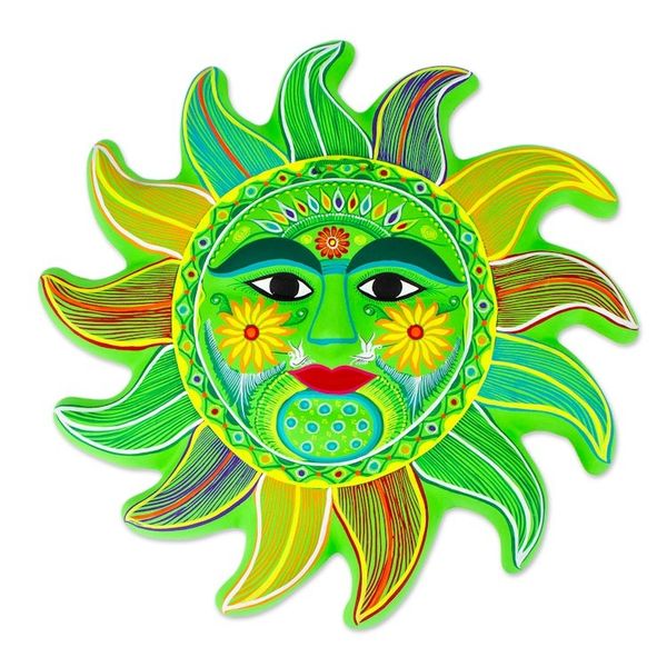 Alternate image for Bright Green Signed Ceramic Sun Wall Sculpture from Mexico Fresh April Sun