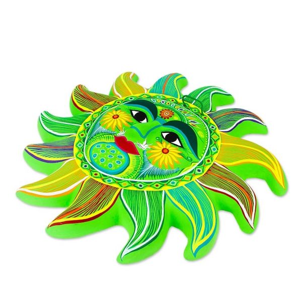 Alternate image for Bright Green Signed Ceramic Sun Wall Sculpture from Mexico Fresh April Sun