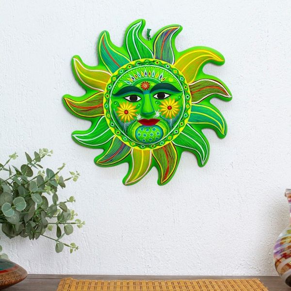 Alternate image for Bright Green Signed Ceramic Sun Wall Sculpture from Mexico Fresh April Sun